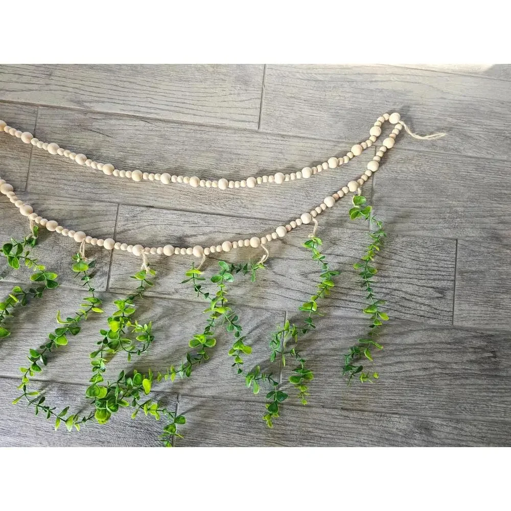 Brand New Artificial Eucalyptus Wall Hanging Decor Boho Wood Beads Long 42